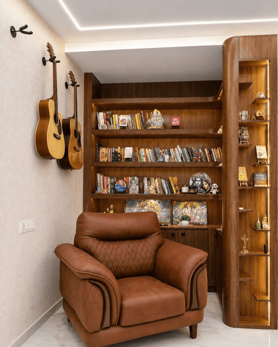Warm reading nook with custom walnut shelving